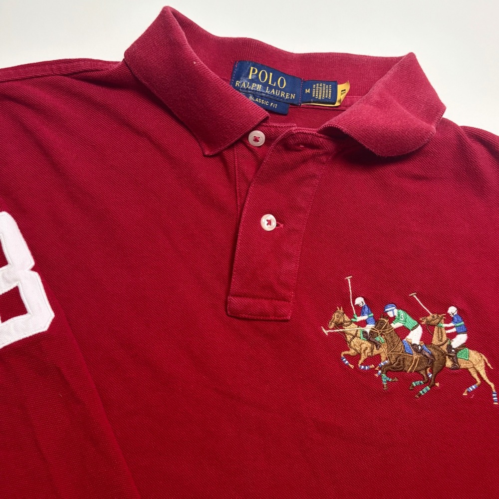 Polo Ralph Lauren Triple Pony Polo Shirt Red Mens M Classic Fit Long‎ Sleeve